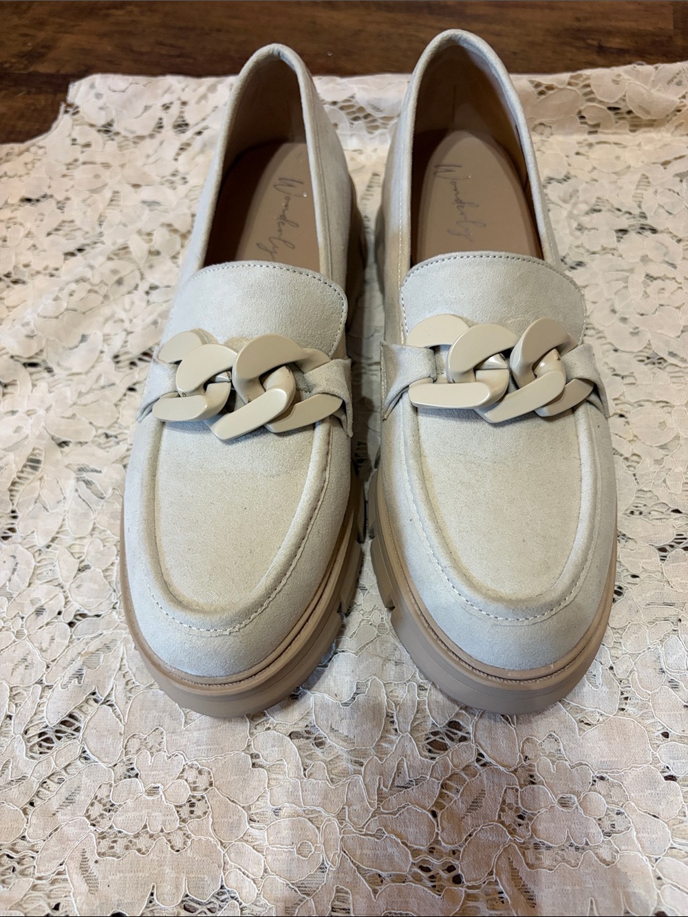 Wonderly Cream Suede Chain-Trim Loafers